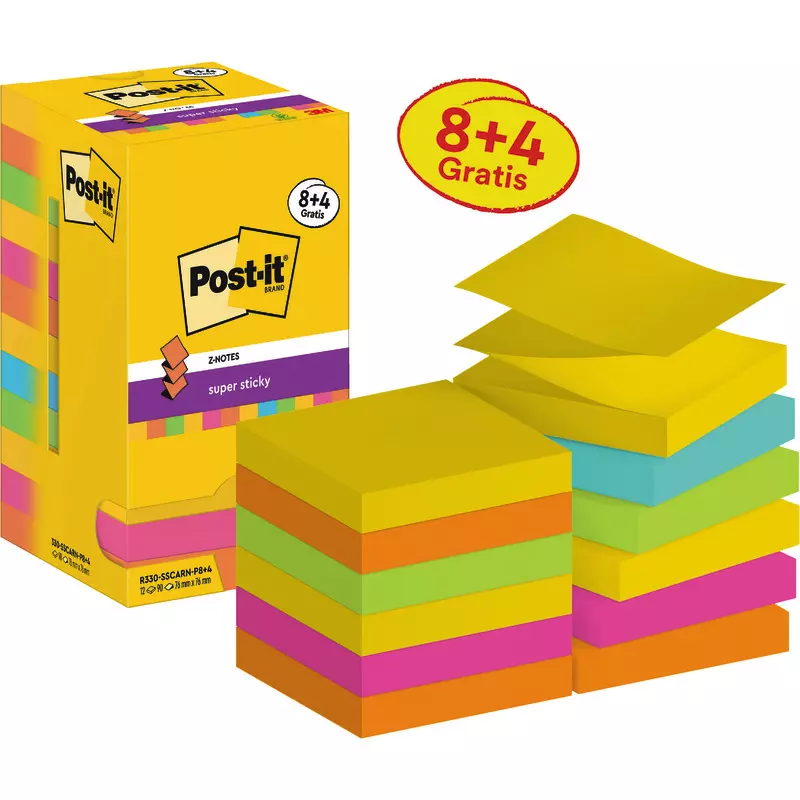 Post-it® Super Sticky Z-Notes, 76 mm x 76 mm, Promotion, 90 Blatt/Block, 8 Blöcke + 4 Gratis/Packung