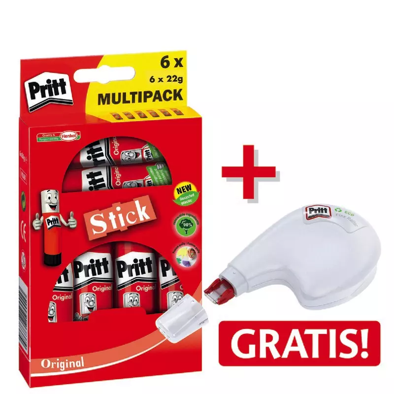 AKTION! Pritt Klebestift WA12 im Multipack, 6 x 22 g + 1 Korrektur-Roller Eco Flex GRATIS