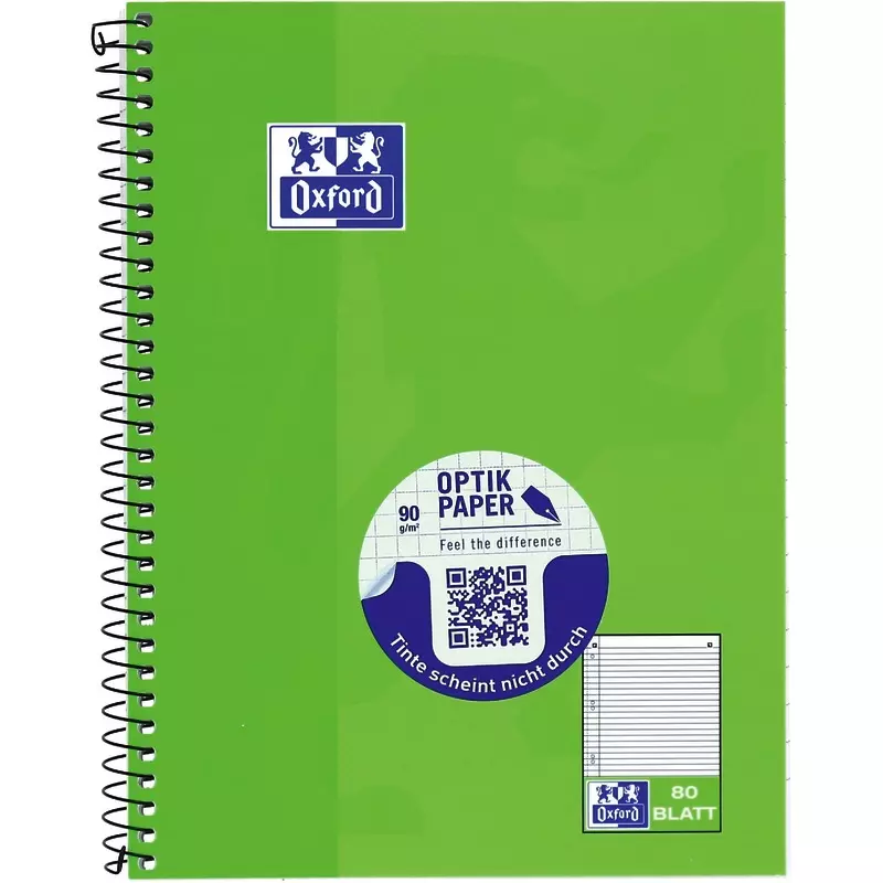 Oxford A5+ Collegeblock, liniert mit Rand links, 80 Blatt, Optik Paper®, Spiralbindung, 4-fach gelocht