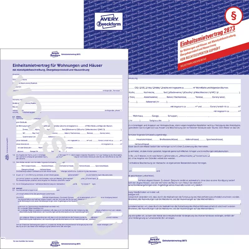 AVERY® Zweckform Einheitsmietvertrag 2873 für Wohnungen und Häuser, mit Übergabeprotokoll & Hausordnung, A4, 5-seitig