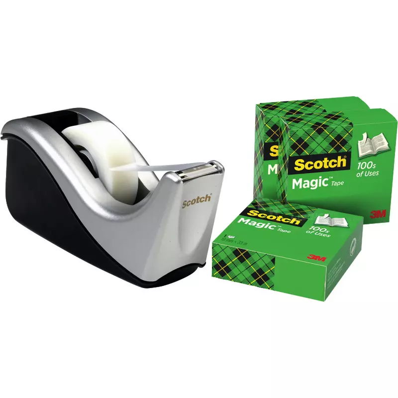 Scotch™ Klebeband-Abroller C60, Silber + Scotch® Magic™ Unsichtbares Klebeband, 19 mm x 33 m, 4 Rollen/Packung