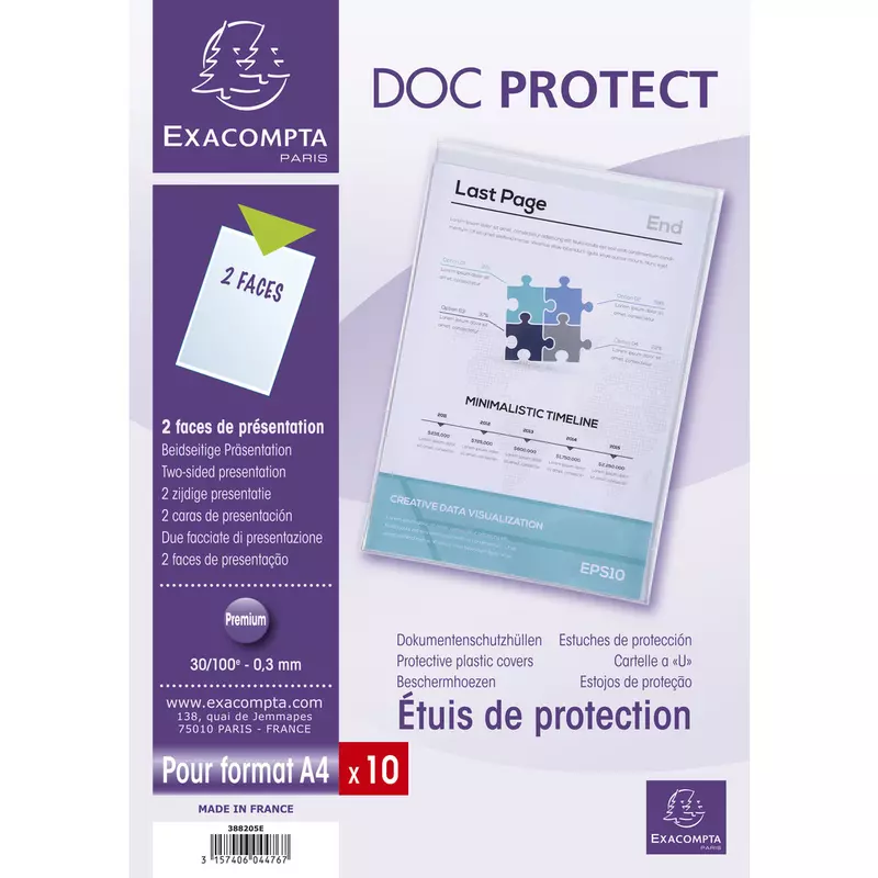 Packung mit 10 Stück Schutzhüllen einfach aus Qualitäts-PVC 300µ, für Format DIN A4 - Kristall