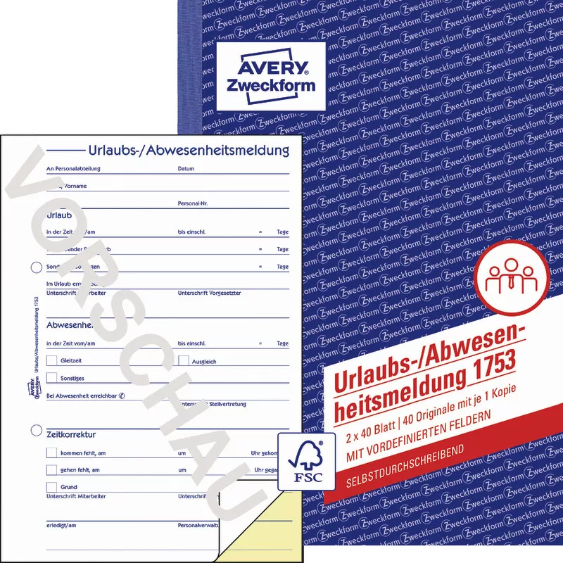 AVERY® Zweckform Urlaubs-/Abwesenheitsmeldung 1753, A5, selbstdurchschreibend, 2x40 Blatt
