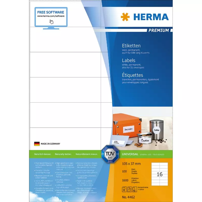 HERMA PREMIUM Etiketten 4462, A4, 105 x 37 mm, weiß, permanent haftend