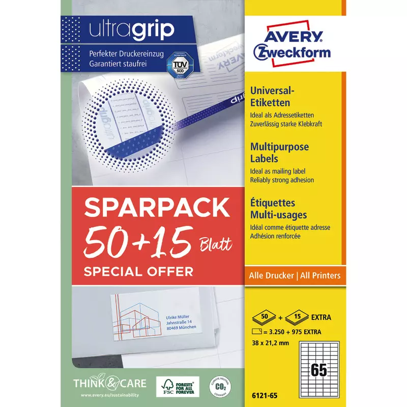 Avery Zweckform 6121-65, Universal-Etiketten, A4, Qualitätsdruck mit: ultragrip, 38 x 21,2 mm, 4.225 Etiketten / 65 Bögen, Weiß