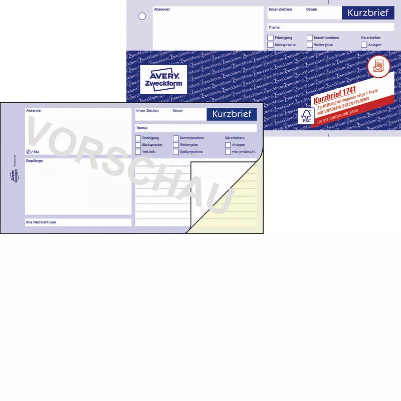 AVERY® Zweckform Kurzbrief 1741, 1/3 A4, selbstdurchschreibend, 2x40 Blatt