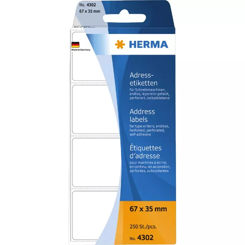HERMA Adressetiketten 4302, für Schreibmaschinen, endlos, 67x35 mm, weiß, 250 Stück