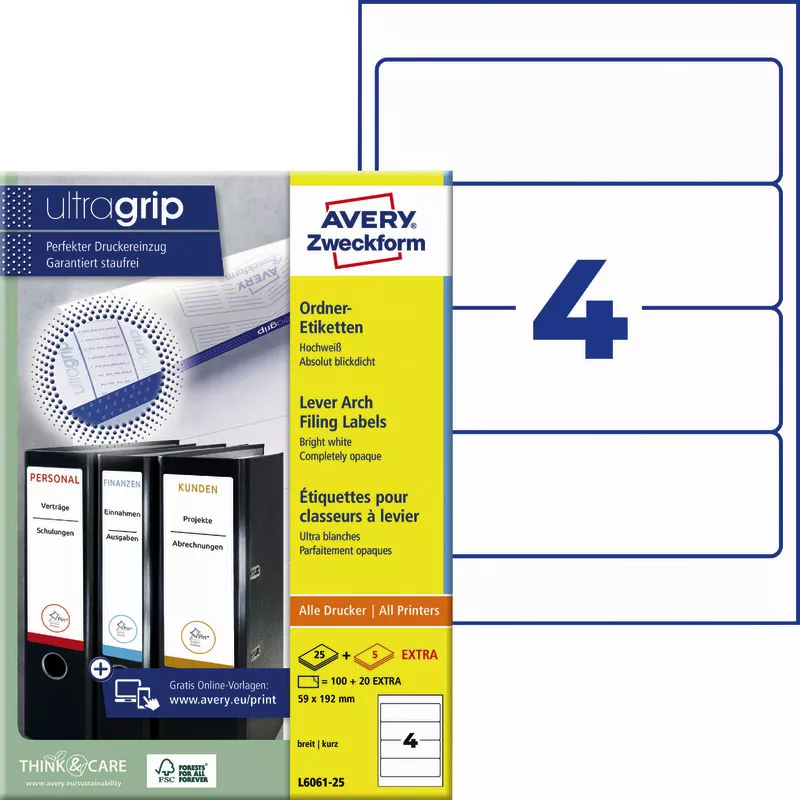 AVERY® Zweckform L6061-25 Ordnerrücken-Etiketten, 59 x 192 mm, 30 Bogen/210 Etiketten, weiß