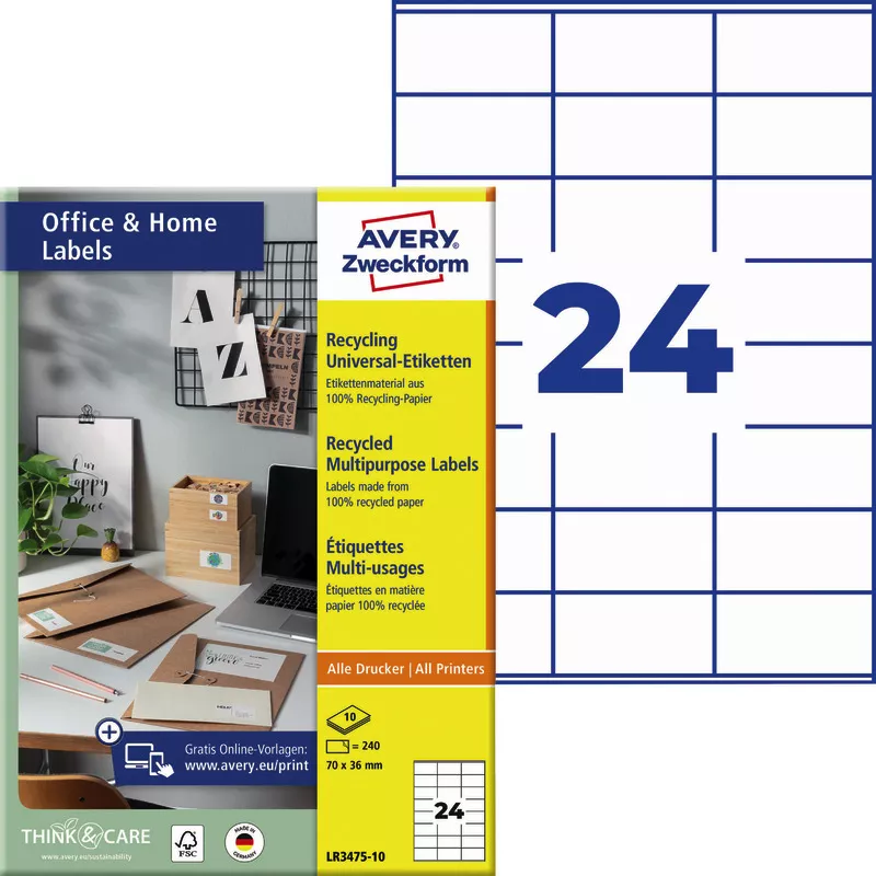 AVERY® Zweckform Recycling Universal-Etiketten LR3475-10, 10 Blatt 70 x 36 mm, Inkjet, Farblaser, Laser s/w, Kopierer, DIN A4, Pack: 240 Stück