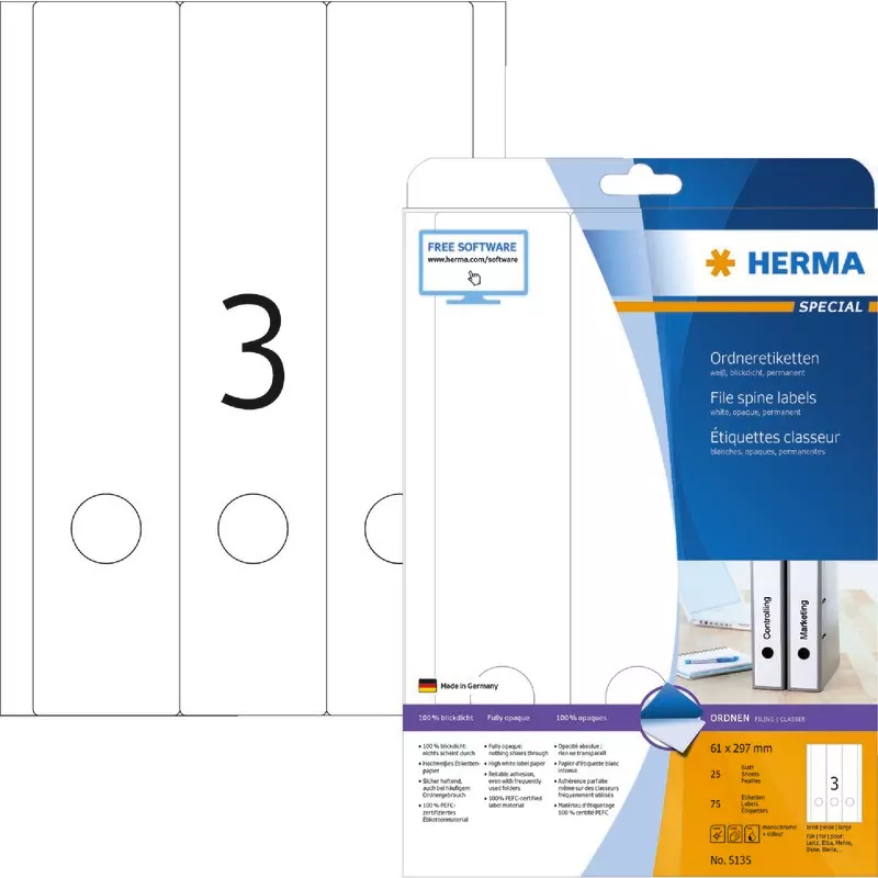 HERMA Ordneretiketten 5135, PC-bedruckbar, breit / lang, weiß, B x H: 61 x 297 mm, Pack: 75 Stück