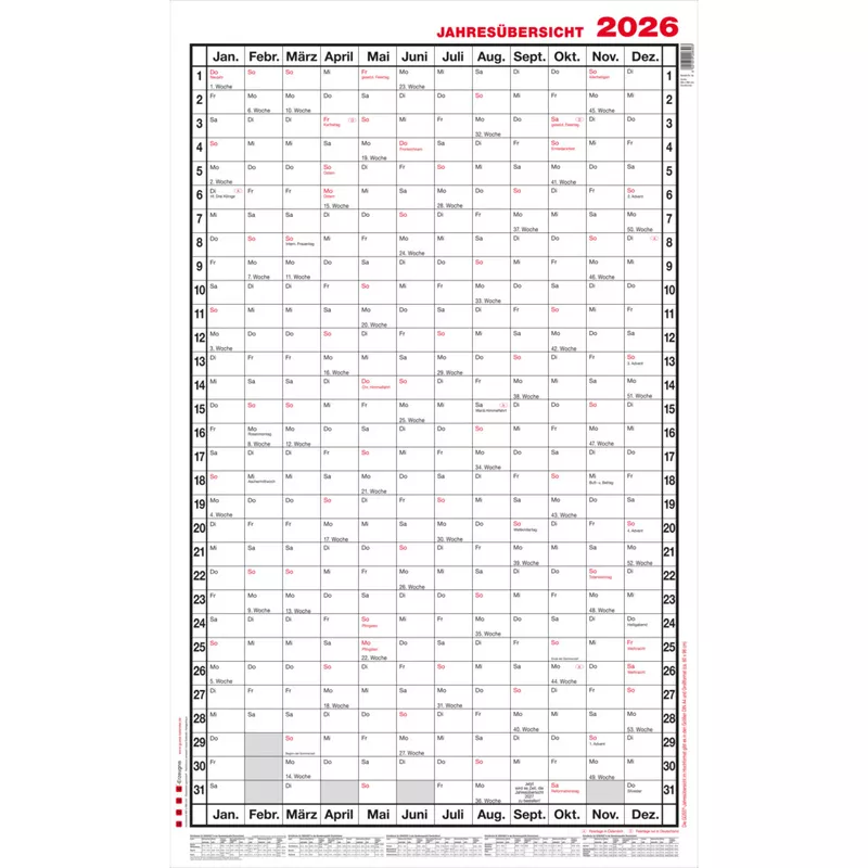 Jahresübersicht 2026, A1 Hoch, 60 cm x 98 cm GÜSS 5AV