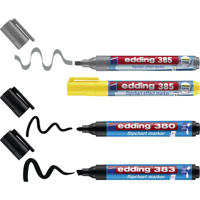 Edding Flipchartmarker 380, 383, 385, Rund-, Keil-/ Pinselspitze, 1-5 mm, farbsortiert: 4 Stück
