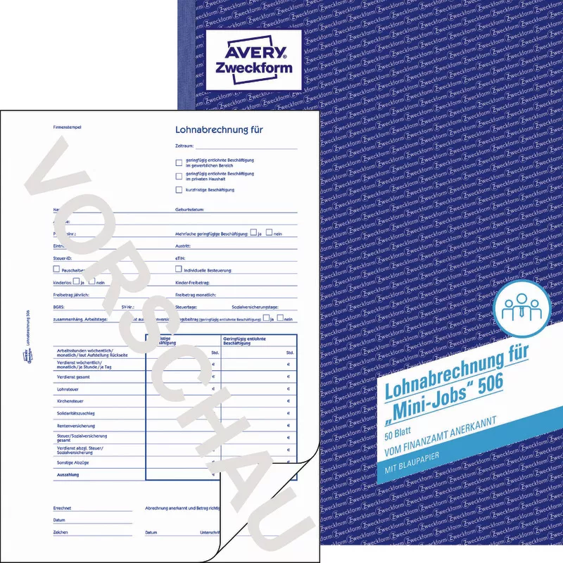 AVERY® Zweckform Lohnabrechnung für geringf. Beschäftigte 506, A4, mit Blaupapier, 50 Blatt