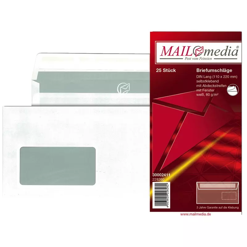 Briefumschlag DIN lang, 110 x 220 mm, haftklebend, weiß, 80 g/m², mit Fenster 45 x 90 mm, grauer Innendruck, Pack: 25 Stück