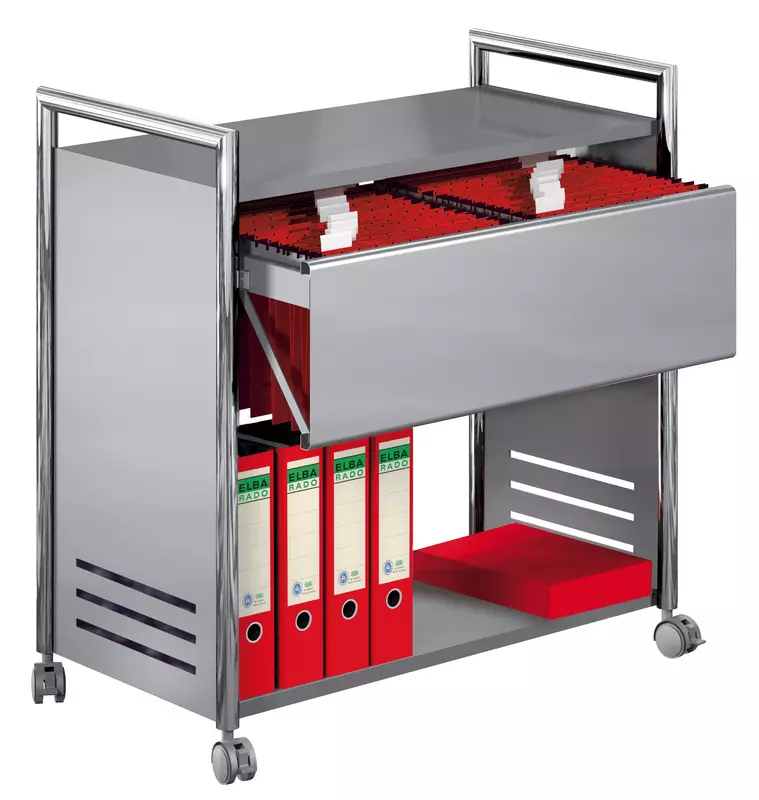 Hängeaktenwagen mit 1 zweibahnigen Hängeregistraturauszug und 2 Ablageböden, verchromt/alusilber