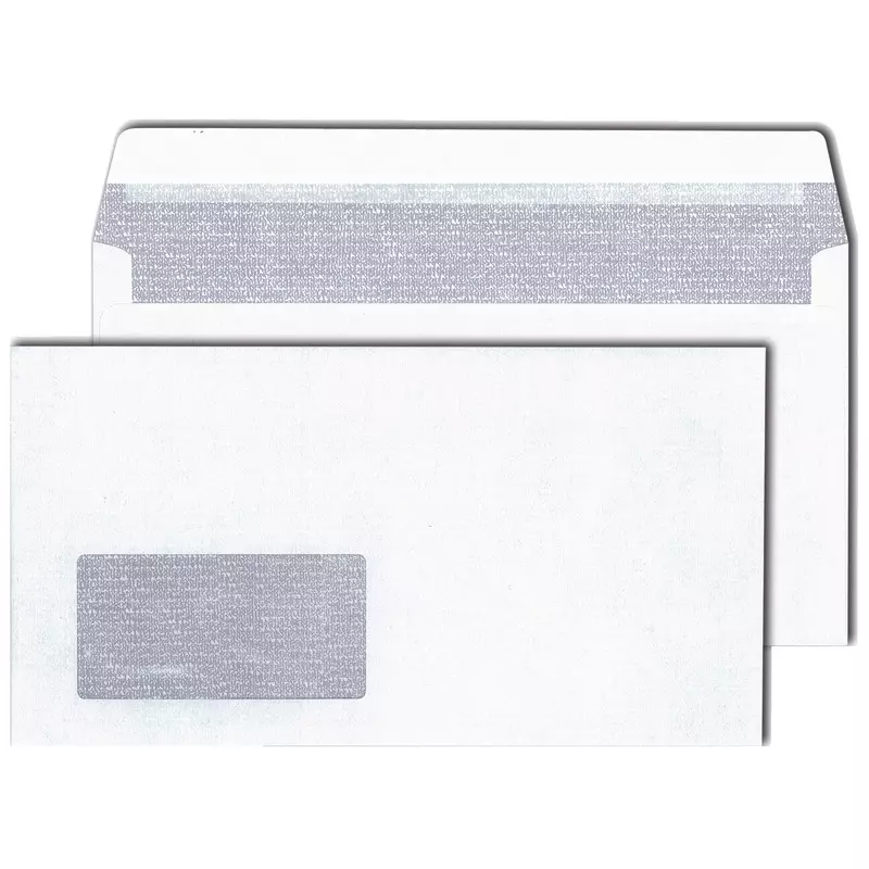 Briefumschlag Kompakt, 125 x 235 mm, haftklebend, weiß, 80 g/m², mit Fenster 45 x 90 mm, grauer Zahlenmeer-Innendruck, Pack: 500 Stück