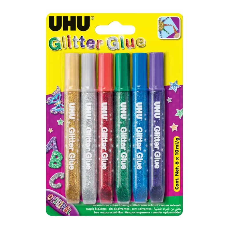 Glitterglue YOUNG CREATIV ORIGINAL, 6x10ml, 6 Farben sortiert UHU 39040
