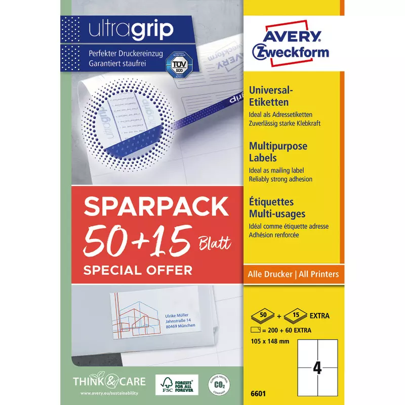 Avery Zweckform 6601, Universal-Etiketten, A4, Qualitätsdruck mit: ultragrip, 105 x 148 mm, 260 Etiketten / 65 Bögen, Weiß