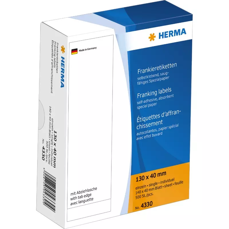 HERMA Frankieretiketten 4330, einzeln, mit Abziehlasche, 130 x 40 mm, weiß, permanent haftend