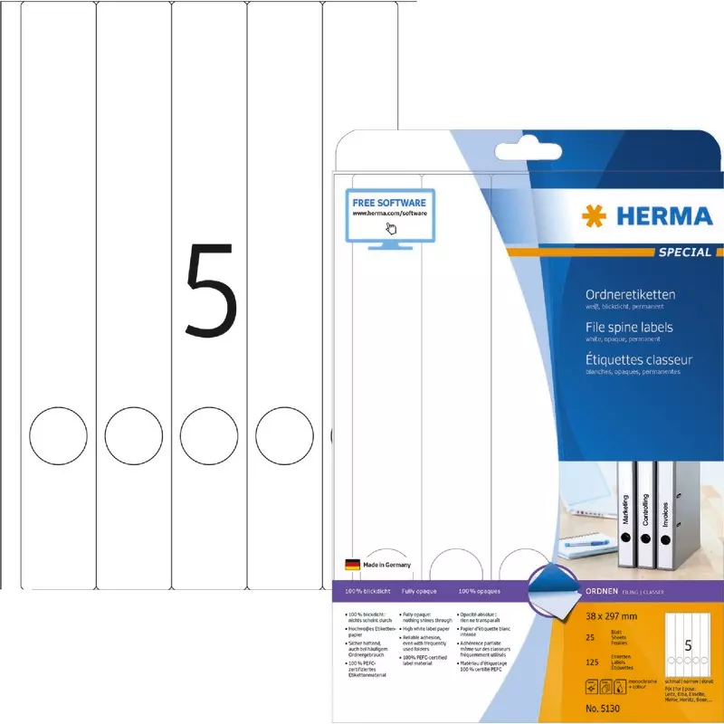 HERMA Ordneretiketten 5130, PC-bedruckbar, schmal / lang, weiß, B x H: 38 x 297 mm, Pack: 125 Stück