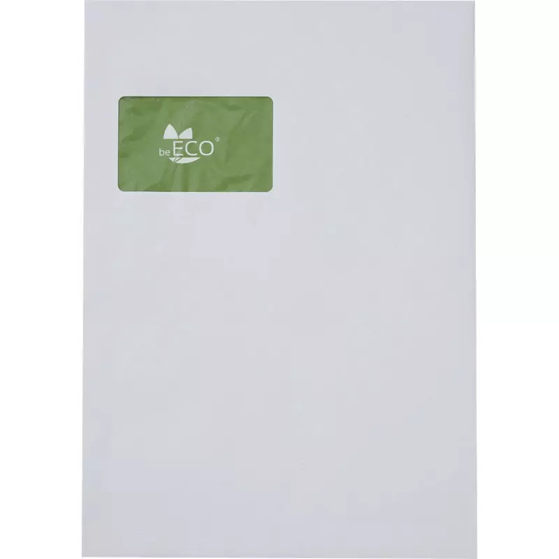 beECO Versandtasche DIN C4, 229 x 324 mm, haftklebend, weiß, 100 g/m², mit Fenster 55 x 90 mm, grüner Innendruck, FSC-zertifiziert, CO2-neutrales Papier, Pack: 250 Stück