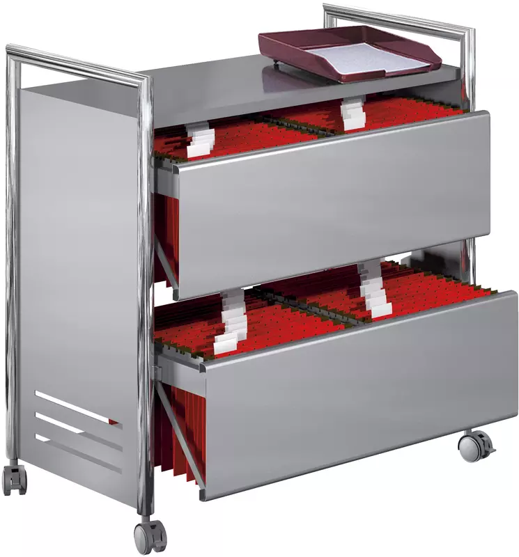 Hängeaktenwagen mit 2 zweibahnigen Hängeregistraturauszügen und 1 Ablageboden, verchromt/alusilber