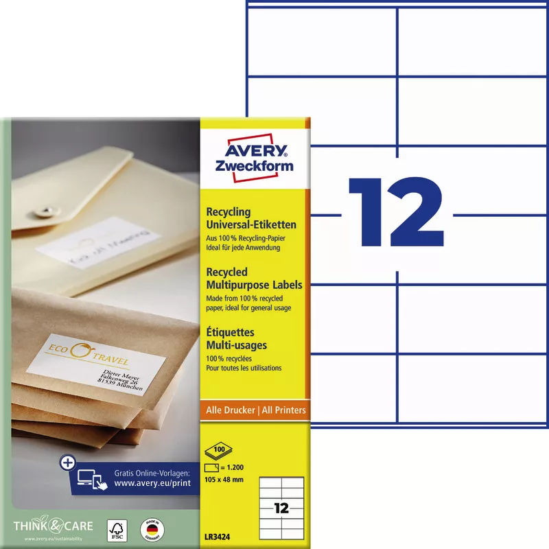 AVERY® Zweckform LR3424 Recycling Universal-Etiketten, 105 x 48 mm, 100 Bogen/1.200 Etiketten, naturweiß