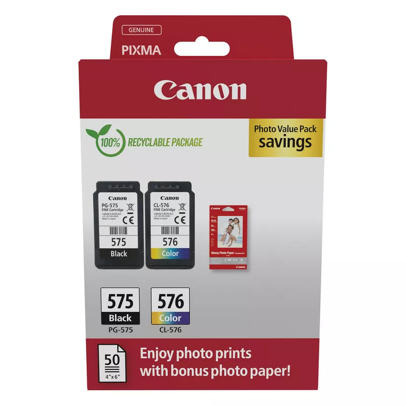 Canon Original PG-575 + CL-576 Druckerpatronen Valuepack - 1 x schwarz / 1 x farbig + 50 Blatt Fotopapier (5438C004)