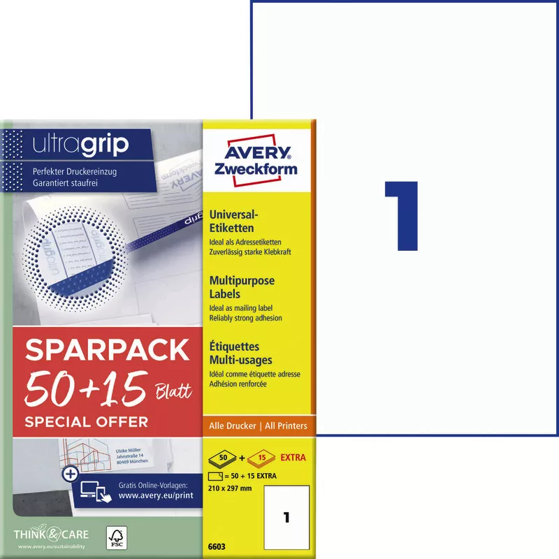 Avery Zweckform 6603, Universal-Etiketten, A4, Qualitätsdruck mit: ultragrip, 210 x 297 mm, 65 Etiketten / 65 Bögen, Weiß
