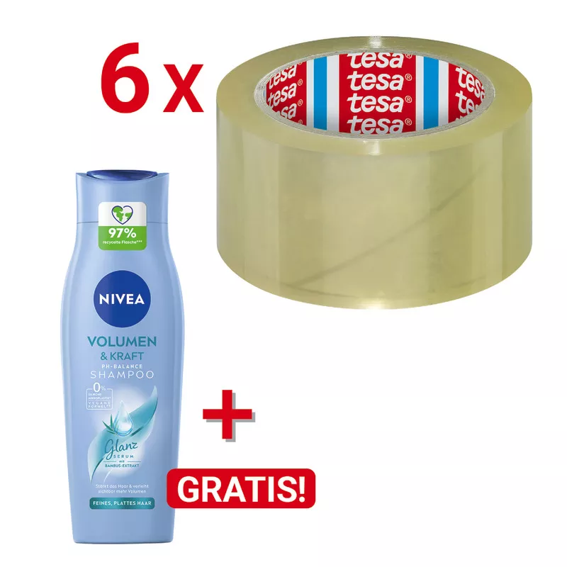 AKTION! 6 Rollen tesa Packband 4195 PP, 50 mm x 60 m, transparent + NIVEA Pflegedusche Creme Mandel  GRATIS