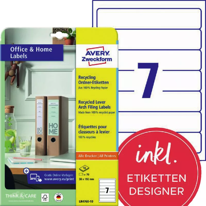 AVERY® Zweckform Recycling Ordner-Etiketten LR4760-10, 10 Blatt 38 x 192 mm, Inkjet, Farblaser, Laser s/w, Kopierer, für schmale Ordner (kurz), Pack: 70 Stück