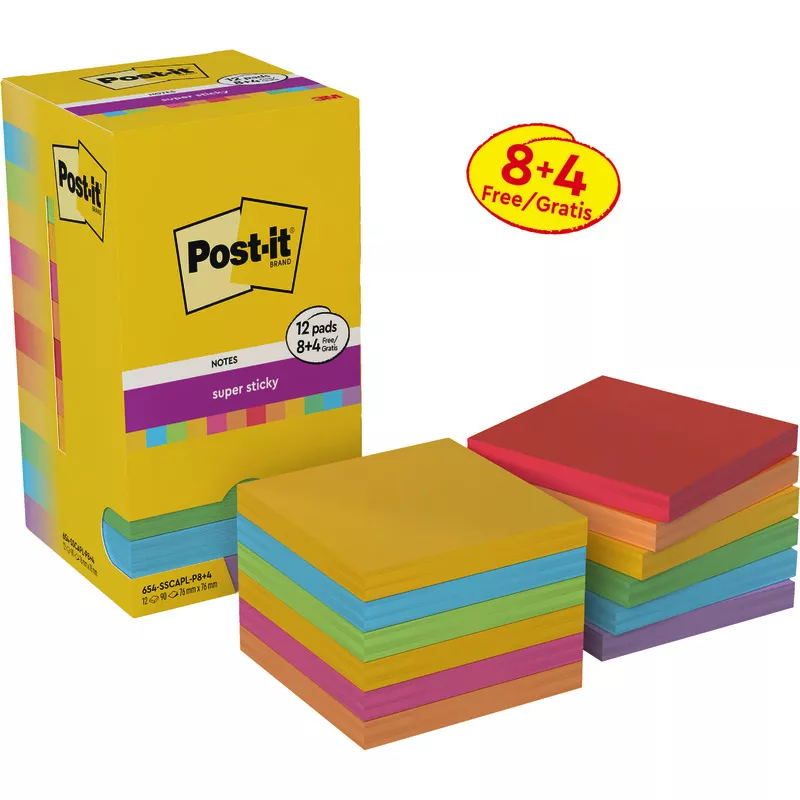 8+4 GRATIS! 12 Blöcke Post-it® Super Sticky Notes, Carnival + Playful Collection, 76 mm x 76 mm, Promotion, 90 Blatt/Block