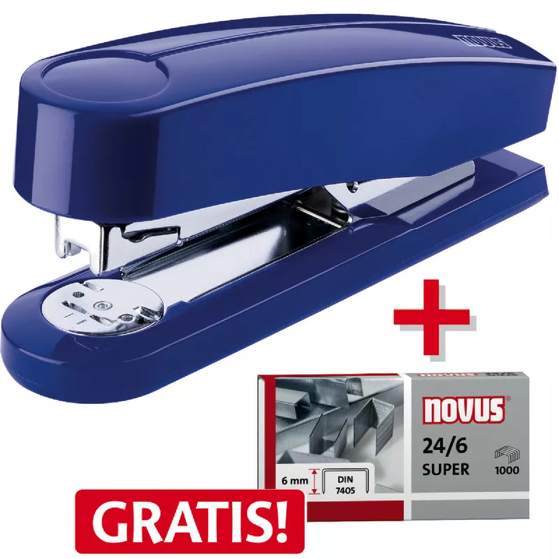 novus Heftgerät B4, blau + 5 Packungen Heftklammern 24/6 GRATIS