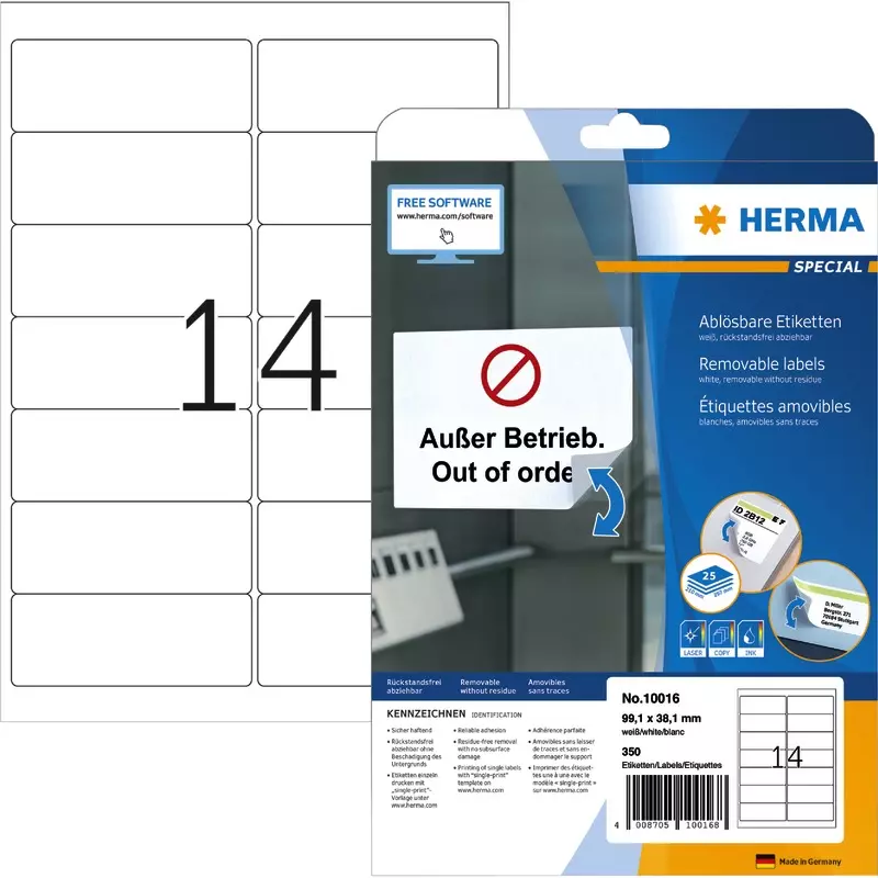 HERMA Etiketten 10016, B x H: 99,1 x 38,1 mm, weiß, ablösbar