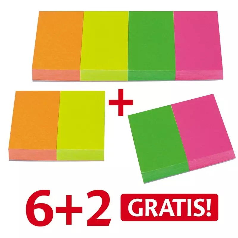 6 + 2 GRATIS! 8 Streifen Haftmarker Info Pagemarker Neon Papier, 50 x 20 mm
