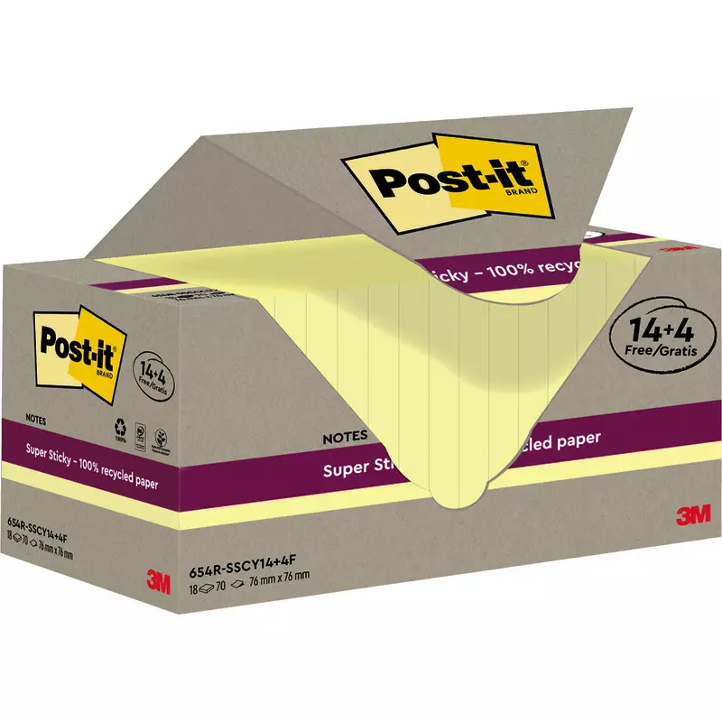 Post-it® Super Sticky 100 % Recycling Notes, Gelb, 76 mm x 76 mm, 70 Blatt/Block, 14 Blöcke + 4 Gratis/Packung