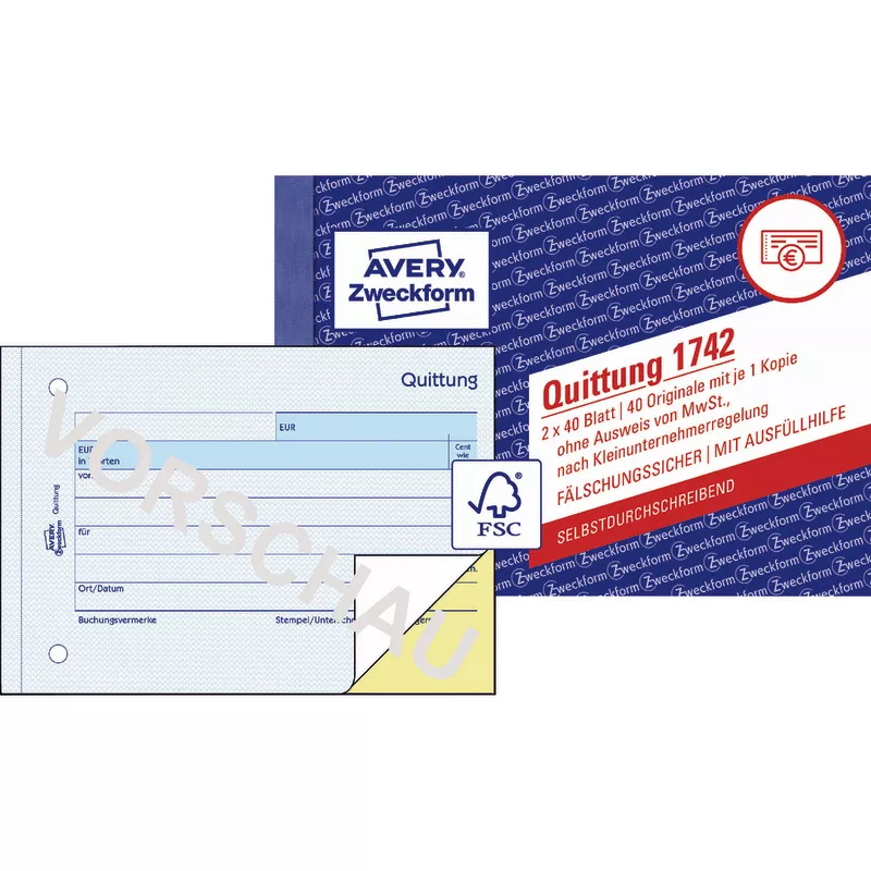 AVERY® Zweckform Quittung Kleinunternehmer 1742 ohne MwSt., A6 quer, selbstdurchschreibend, 2x40 Blatt