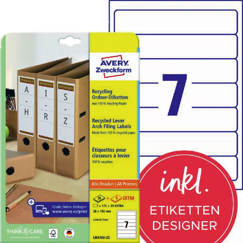 AVERY® Zweckform LR4760-25 Recycling Ordnerrücken-Etiketten, 38 x 192 mm, 30 Bogen/210 Etiketten, naturweiß