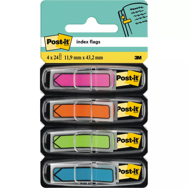 Post-it® Index Pfeile, Blau, Orange, Rosa und Grün, 11.9 mm x 43.2 mm, 24 Haftstreifen/Spender, 4 Spender/Packung