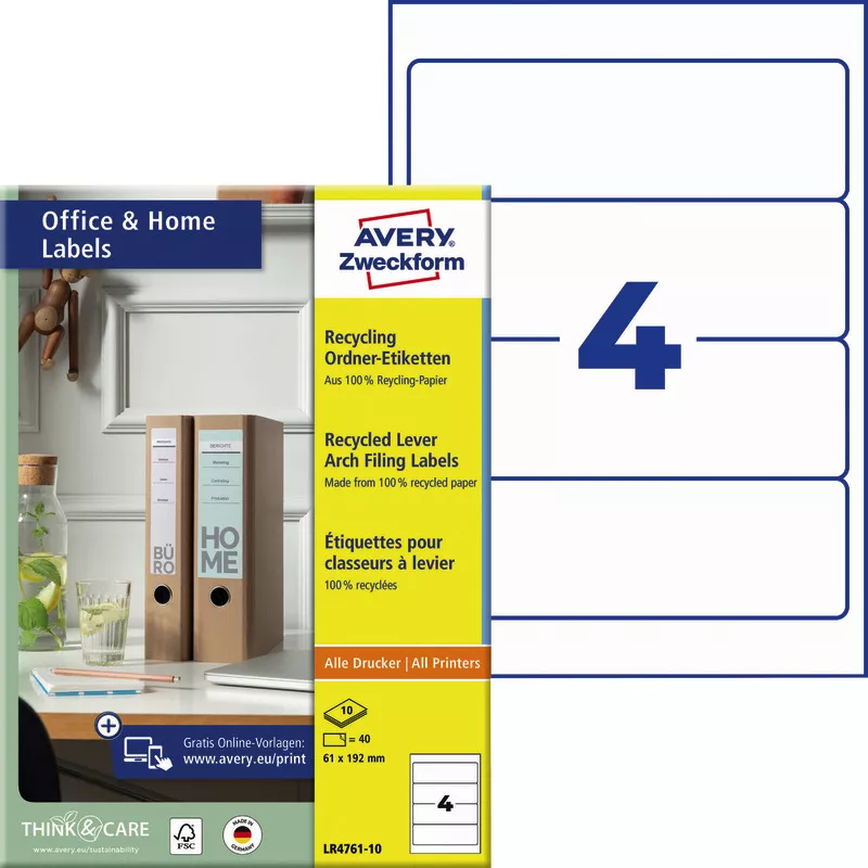 AVERY® Zweckform Recycling Ordner-Etiketten LR4761-10, 10 Blatt 61 x 192 mm, Inkjet, Farblaser, Laser s/w, Kopierer, für breite Ordner (kurz), Pack: 40 Stück