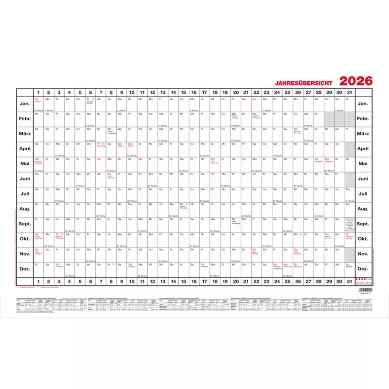 Wandkalender Jahresübersicht 2026, 60 x 42 cm, 1J/1S GÜSS 4V