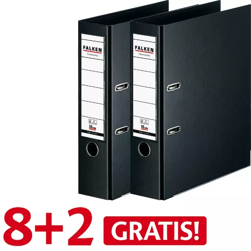 8 + 2 GRATIS! 10 FALKEN Chromocolor-Voll-PP-Ordner A4, 80 mm, schwarz