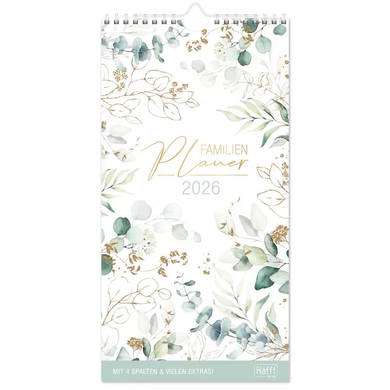 Familienplaner Blattgold 2026, 16,5 x 32 cm, 4 Spalten HÄFFT 9981-9