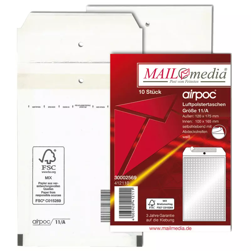 Luftpolstertaschen AIRPOC A11, haftklebend, weiß, 75 g/m², Innenmaß 100 x 165 mm, FSC-zertifiziert, Pack: 10 Stück