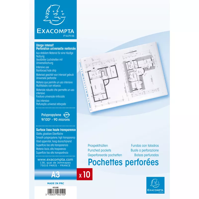 Packung mit 10 Stück Prospekthüllen, fein genarbt, gelocht aus stabilem PP 1mm,DIN A3 quer - Kristall