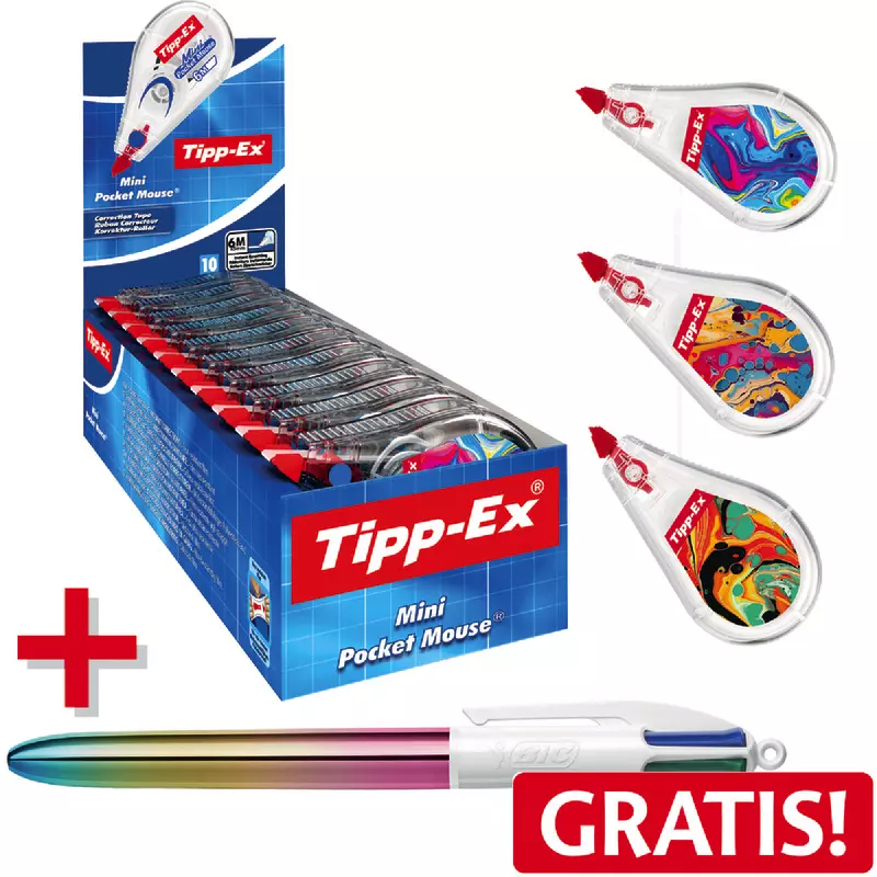 Aktion: 10 Tipp-Ex® Korrekturroller Mini Pocket Mouse® Dekor + 1 Bic 4Colour Kugelschreiber GRATIS!