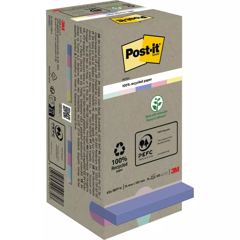 Post-it® Recycling Notes, Verschiedene Farben, 76 mm x 76 mm, 100 Blatt/Block, 16 Blöcke/Packung