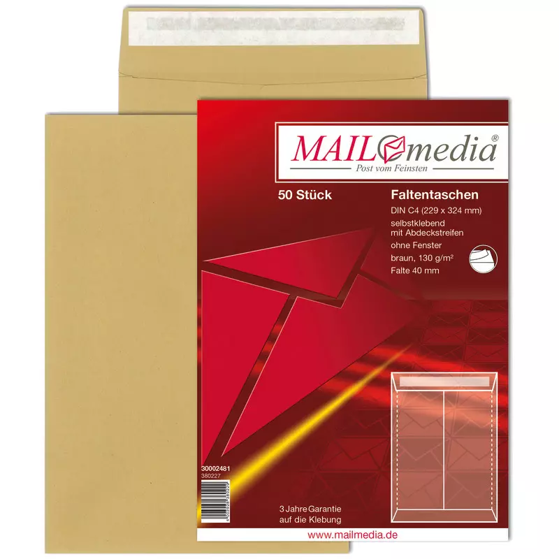 Faltentasche C4, 229 x 324 mm, 40mm Falte, haftklebend