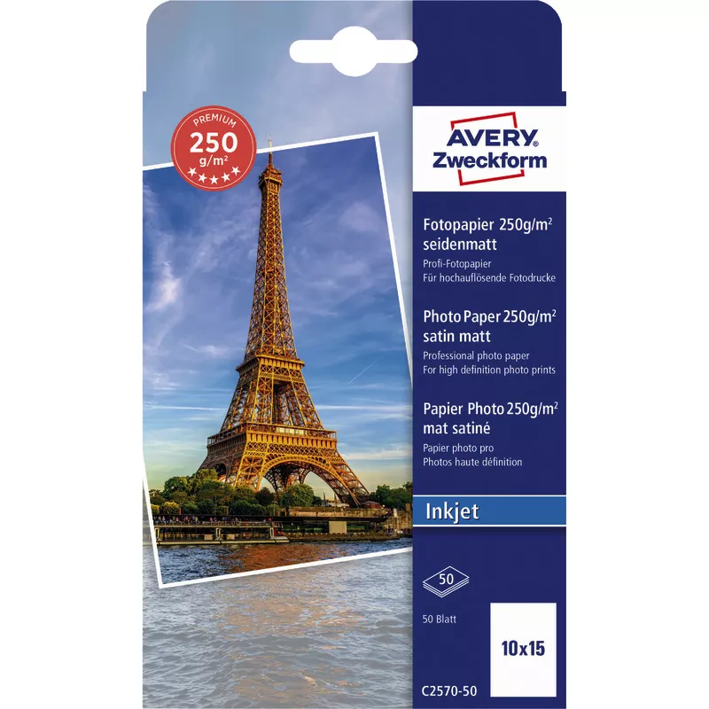 AVERY Zweckform Premium Inkjet Fotopapier, seidenmatt, 10 x15, 250 g/m², Packung: 50 Blatt