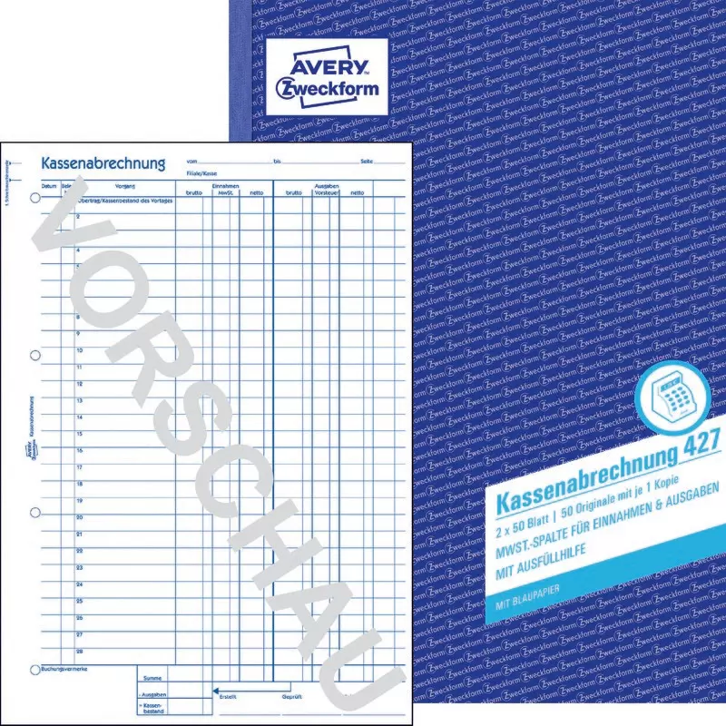 AVERY® Zweckform Kassenabrechnung 427, MwSt.-Spalte für Einnahmen und Ausgaben, A4, mit Blaupapier, 2x50 Blatt